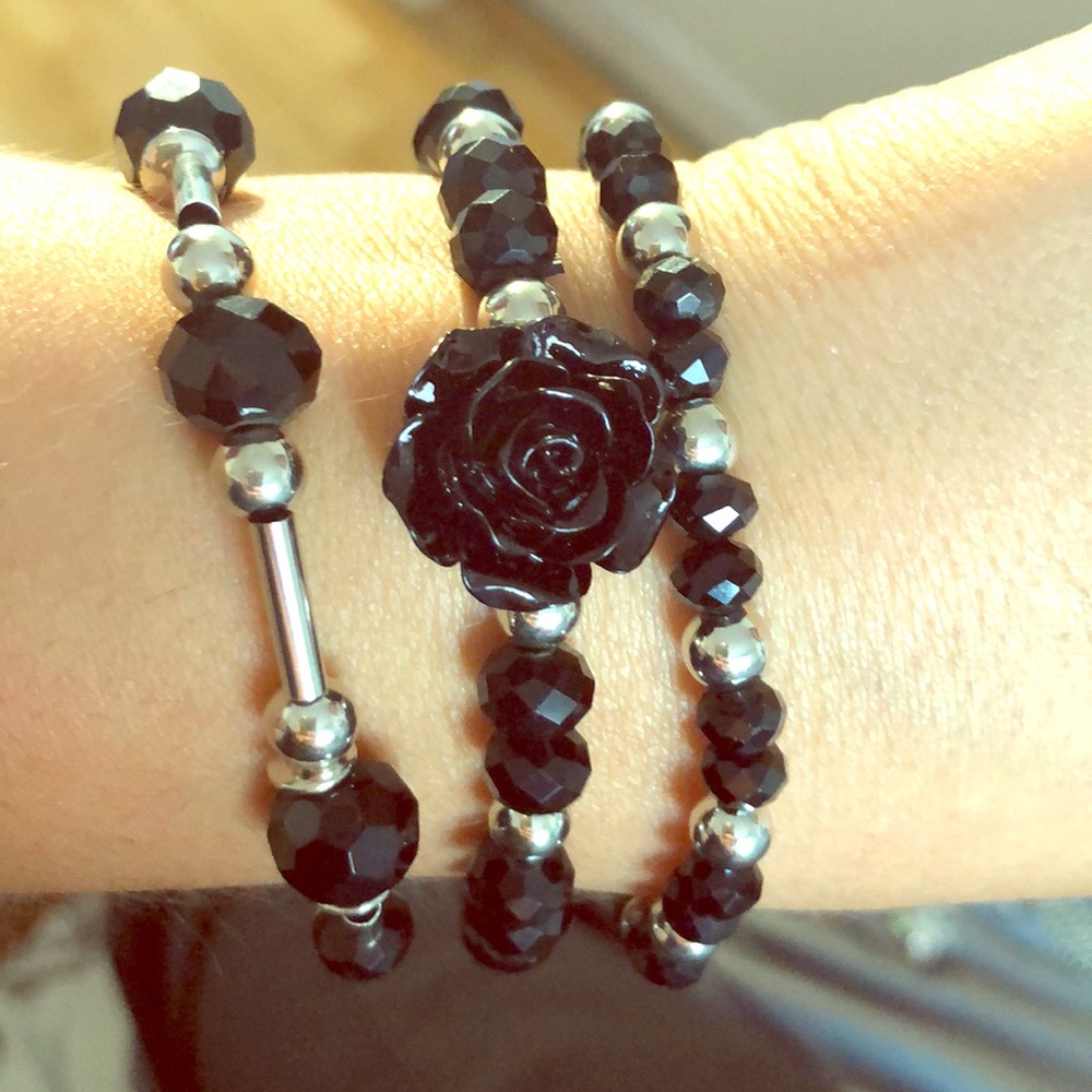 3 elastic black and silver bracelets